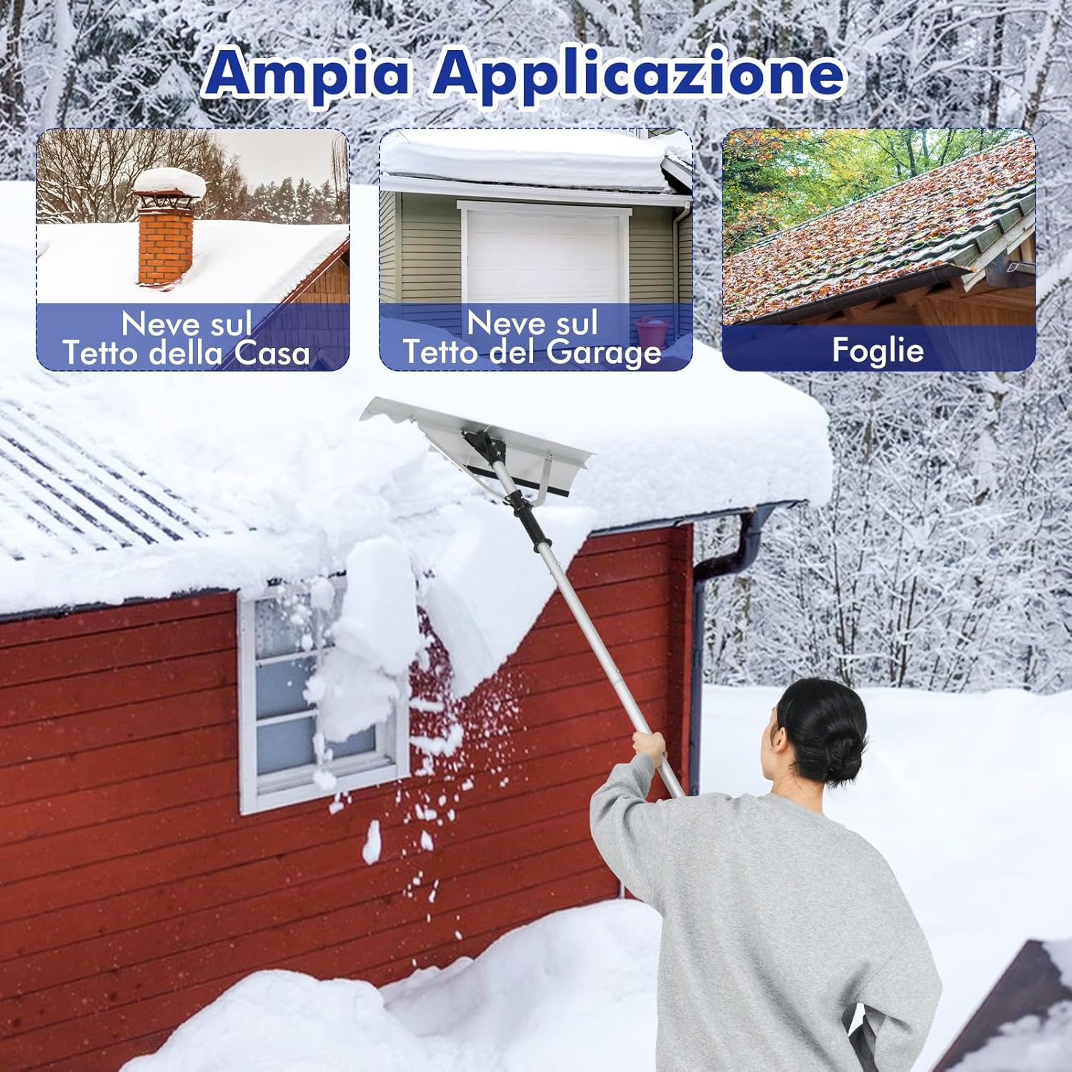 Restrello da Neve per Tetto Lungezza 635 cm, Rastrello per Neve Telescopico con Testa Pieghevole, Restrello in Alluminio Allungabile con 5 Asta Rimozione Neve, Pala da Neve per Tetto