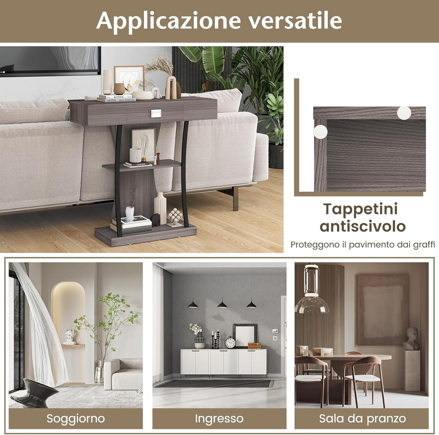 Tavolo Consolle in Legno, Tavolo Ingresso con Cassetti, Ripiani e 2 Kit Anti-ribaltamento, Tavolo Multiuso e Salvaspazio per Salotto, Camera da Letto e Corridoio, 91 x 30 x 88 cm (Grigio)
