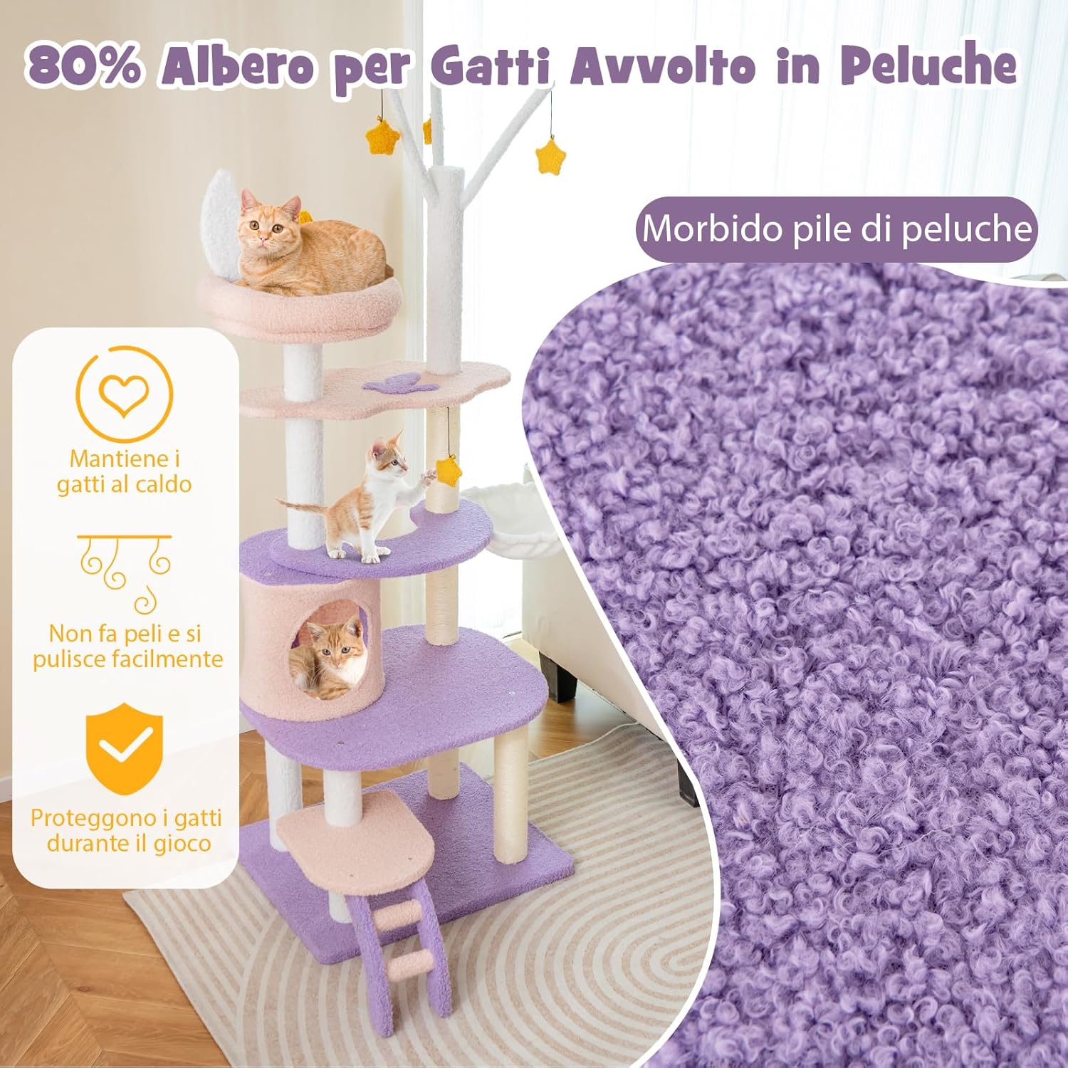 Albero per Gatti da 158 cm, Torre per Gatti Multi-livello Viola con Scala, Pali Graffiati Rivestiti di Sisal, Piattaforme, Giocattoli a Stella Pendenti e Cuccia