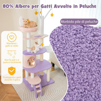 Albero per Gatti da 158 cm, Torre per Gatti Multi-livello Viola con Scala, Pali Graffiati Rivestiti di Sisal, Piattaforme, Giocattoli a Stella Pendenti e Cuccia