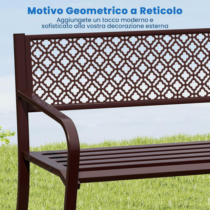 Panchina da Esterno 2-3 Posti, Panca in Metallo con Schienale Motivo Geometrico, Braccioli e Seduta a Doghe, Sedia Moderna per Parco, Cortile e Giardino (Bronzo, 127 x 59 x 82 cm)