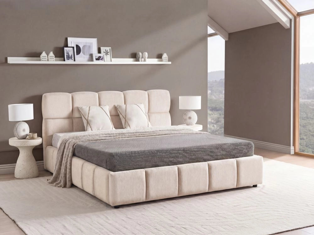Letto matrimoniale imbottito con struttura a molle a sollevamento trapuntata 180 x 200 beige chiaro con contenitore a molle sollevabile