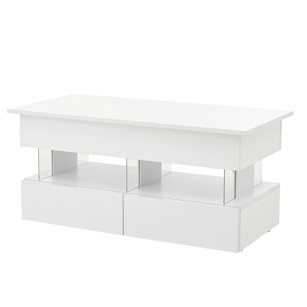 Tavolino da caffè 100 x 50 x 46 cm con piano sollevabile; 2 cassetti; LED; MDF bianco