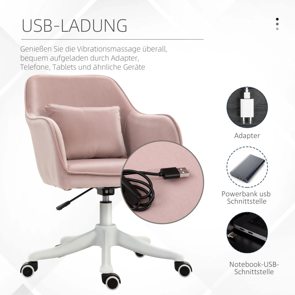 Sedia da ufficio girevole con massaggio lombare altezza regolabile USB e ruote in velluto rosa 57 × 70 × 78-86 cm