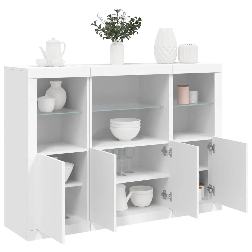 Credenze con Luci LED 3 pz | Madia | Buffet da pranzo | Armadio da pranzo Bianche in Legno Multistrato