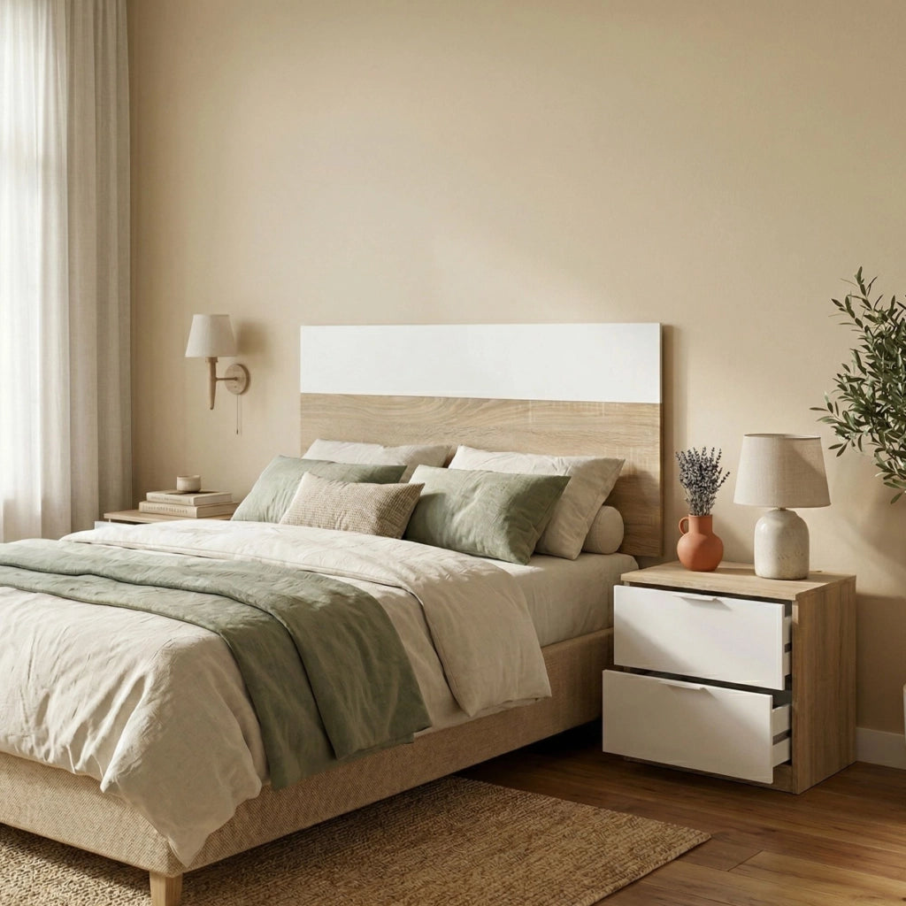 Comodino Aleangy, Comodino a due cassetti con testiera per letto singolo da 90 cm, cm 150 x 50 x 38, cm 50x38h75, Rovere e Bianco