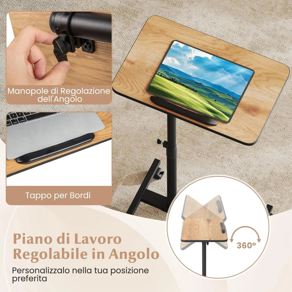 Tavolino Servitore con Altezza Regolabile, Ruote Bloccabili, Piano Girevole a 360° e Inclinabile con Fermo Bordo, Tavolino a Forma di C per Soggiorno, Camera da Letto e Studio (Naturale)