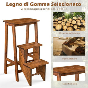 Scaletta Pieghevole, 3 in 1 Scaletta e Sgabello in Legno di Gomma Multifunzione, 3 Gradini, Reversibili Impugnatura, Capacità di Carico 310 kg, Ideale per Studio, Soggiorno (Caffè)