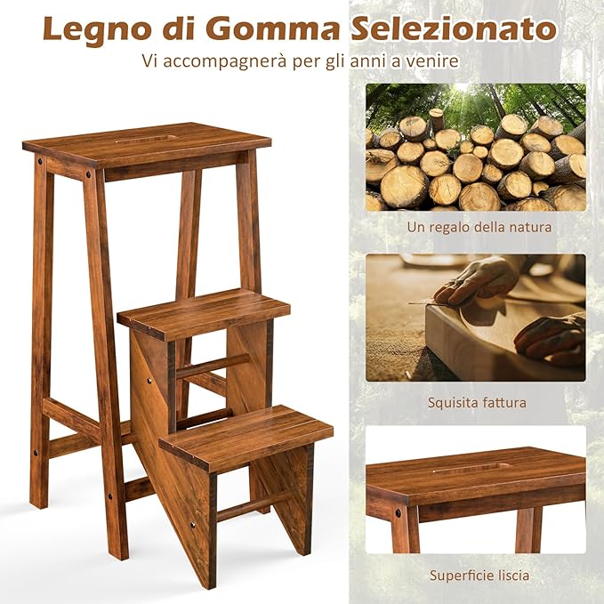 Scaletta Pieghevole, 3 in 1 Scaletta e Sgabello in Legno di Gomma Multifunzione, 3 Gradini, Reversibili Impugnatura, Capacità di Carico 310 kg, Ideale per Studio, Soggiorno (Caffè)