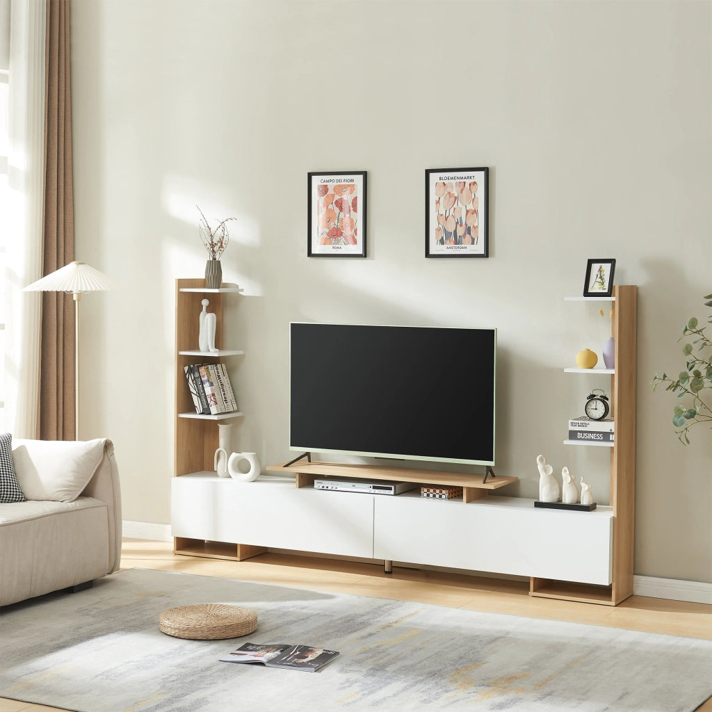 Mobile TV Rauki con Ripiani Laterali e Ante a Ribalta - Bianco/Effetto Rovere [en.casa]