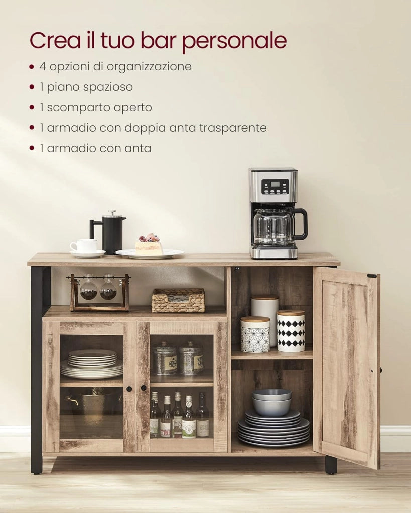 VASAGLE Credenza, Mobile da Cucina, Mobile Contenitore, con 3 Ante, per Soggiorno, Cucina, Sala da Pranzo, 33 x 110 x 75 cm, Stile Country, Marrone Cammello e Nero Inchiostro LSC096B50