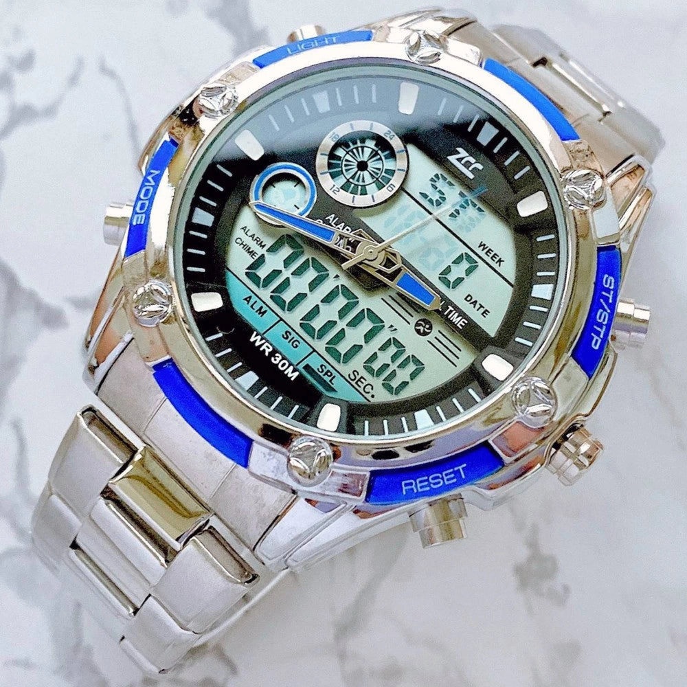 Trade Shop - Orologio Polso Uomo Analogico Digitale Zcc Cronografo Multifunzione Silver Blu -