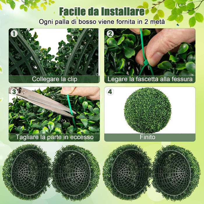 Set di 2 Sfere Topiarie in Bosso Artificiale 50 cm, Sfere Topiarie Protettive dal Sole, Piante Finte Decorative per Giardino, Ingresso, Balcone e Cortile