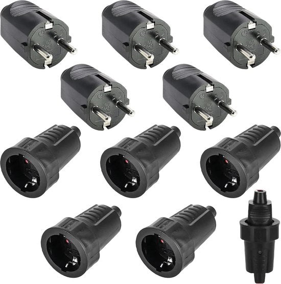 Impianto di connessione a terra - 5 set, impermeabile, nero, esterno, 250 V 16 A IP54, set di connessioni a terra in gomma 2-polo.