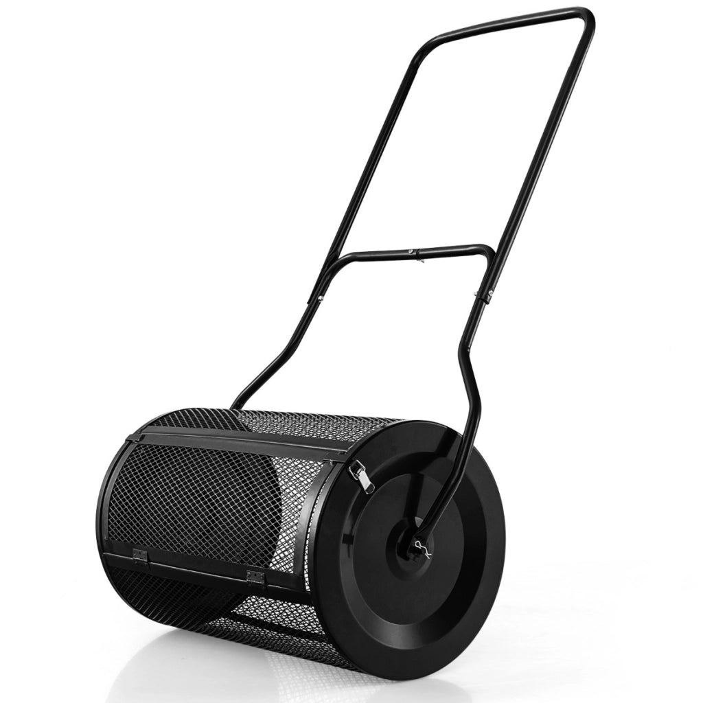 Spandiconcime con impugnatura pratica chiusure laterali e rullo a rete, Spanditerriccio in metallo larghezza 68 cm Nero-Attrezzi da giardino