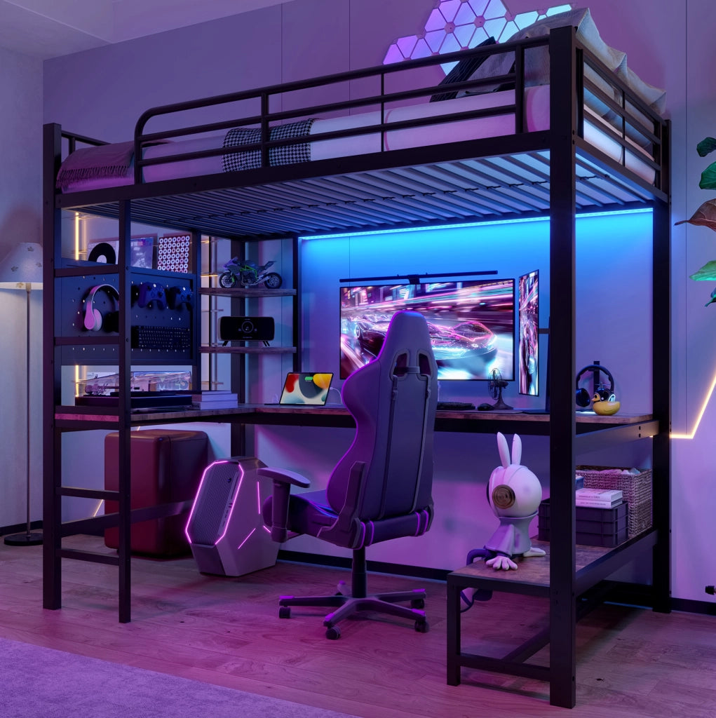 Letto a soppalco ULEVR 90x200 cm con scrivania, ripiani, LED, USB e Type-C, metallo e MDF nero
