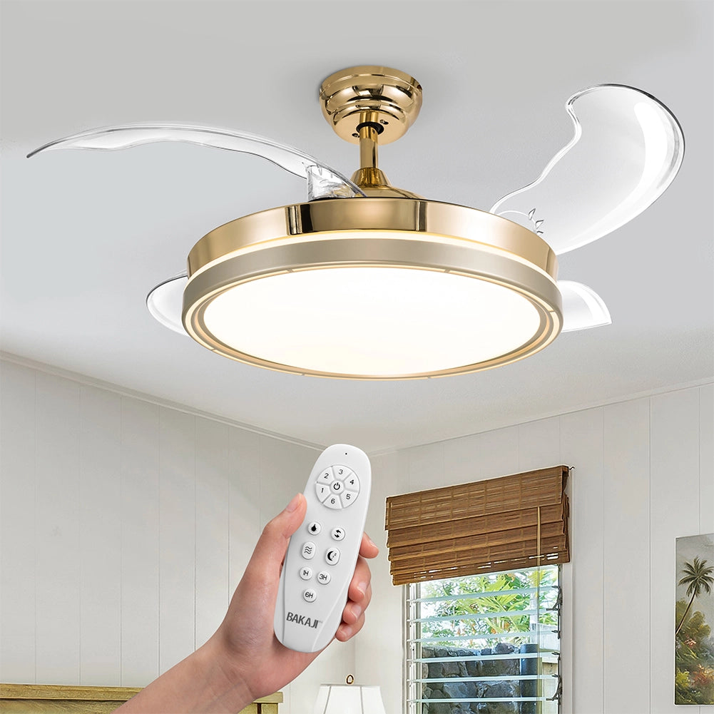 Ventilatore Lampadario da Soffitto 4 Pale Richiudibili Telecomando Luce Ø49 cm in Acciaio ABS e PMMA Bronzo