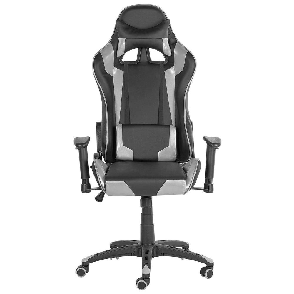Sedia da gaming girevole in pelle sintetica nera e argento regolabile in altezza