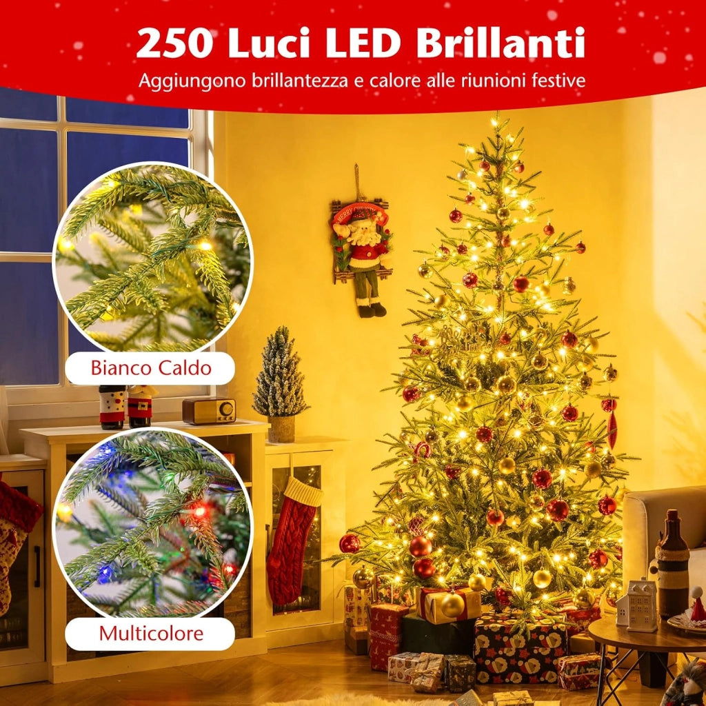 Albero di Natale Artificiale Pre-illuminato 180 cm, Albero di Natale con 250 Luci LED Calde e Multicolori, 11 Modalità, 530 Rami PVC e PE, Base Metallica Pieghevole (180 cm)