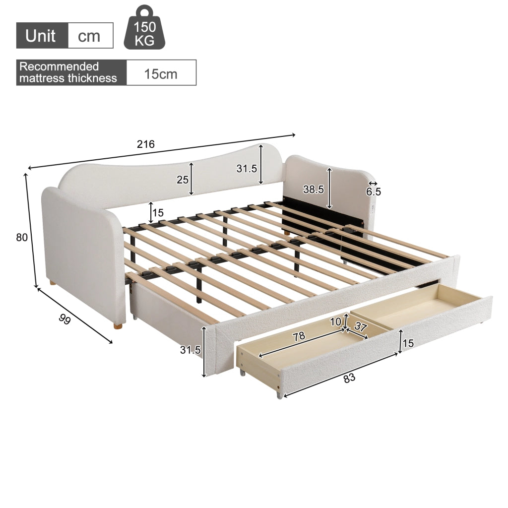 Letto imbottito estraibile 90x200 cm con cassetti; USB e Type-C; beige bouclé