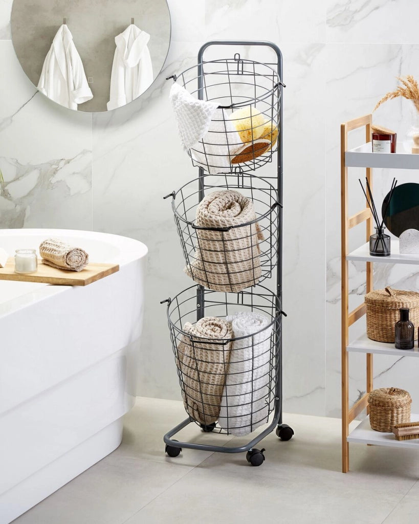 Carrello Portaoggetti per Bagno 3 Cestelli in Metallo di colore Grigio con Ruote moderno