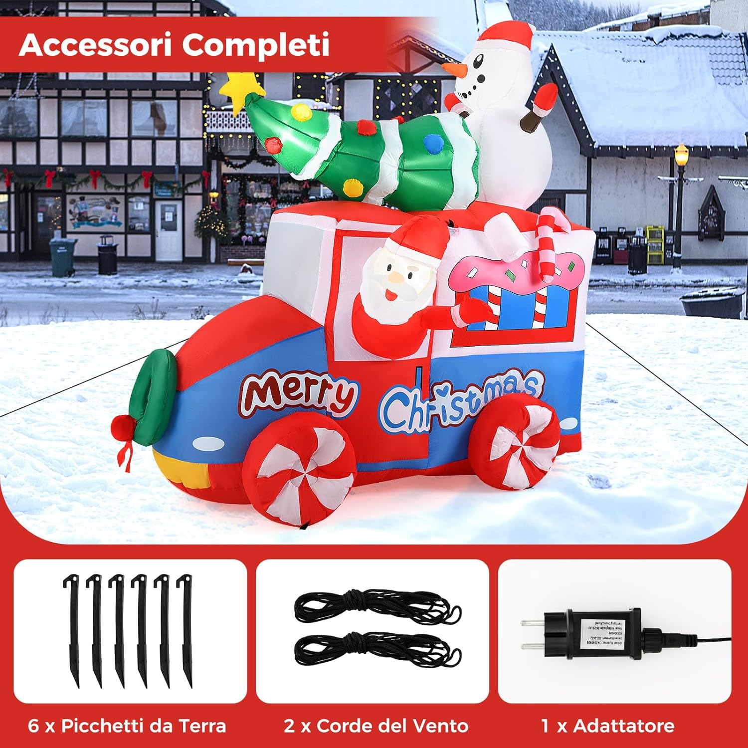 Babbo Natale Gonfiabile con Auto 177 cm, Decorazione Gonfiabile Natalizia con Babbo Natale, Pupazzo di Neve e Albero di Natale, 5 Luci LED Interne e Ventola Integrata