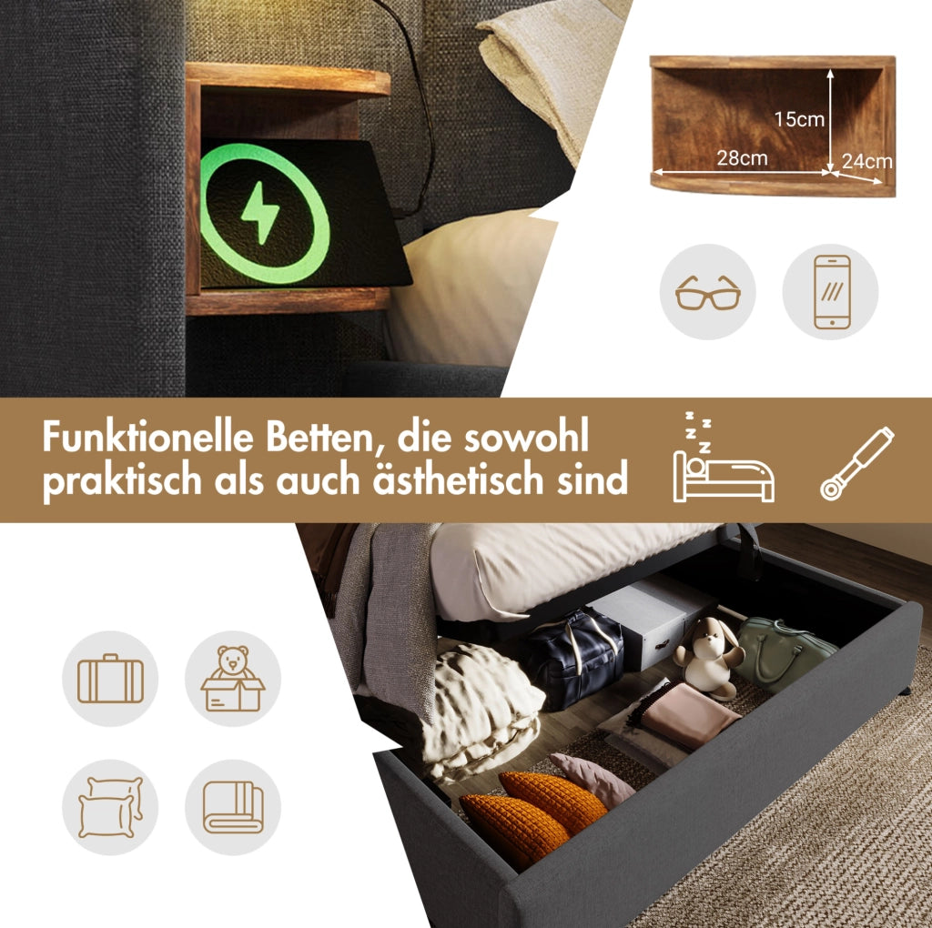 Letto imbottito contenitore 160 x 200 cm con materasso, luce e ricarica USB-C