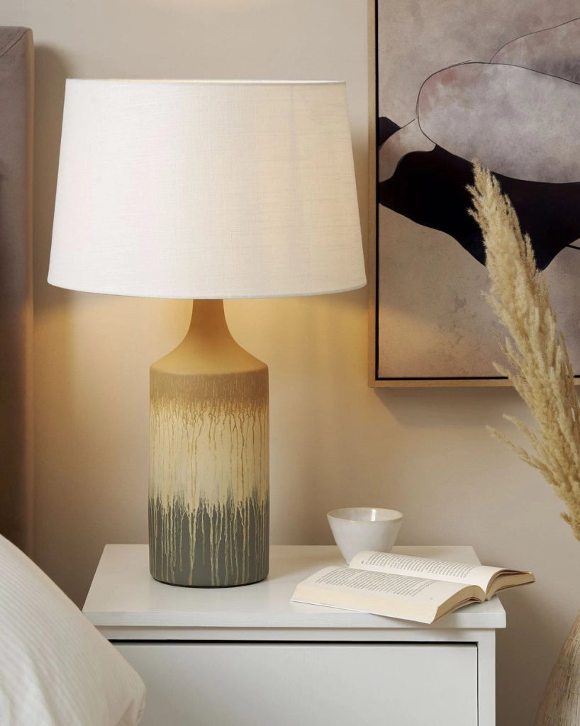 Lampada da tavolo in ceramica lino beige grigio bianco base 64 cm paralume tessuto scrivania moderna