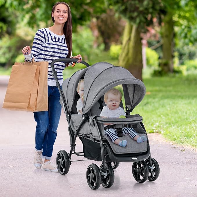 Passeggino Doppio Pieghevole per Bambini, Passeggino Gemellare Pieghevole, con Seduta in Tandem e Tettuccio, Schienale Regolabile, Ruote Bloccabili e Antiurto, Portata Totale 30 kg (Grigio)