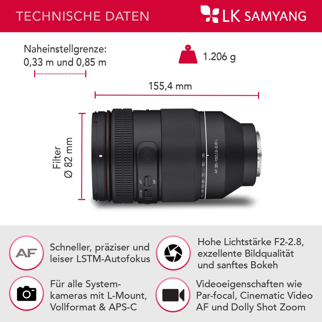 AF 35-150mm F2-2.8 per obiettivo con attacco L - obiettivo zoom a tutto tondo con parafocale, AF per video cinematografici e zoom per riprese dolly, interruttore personalizzato