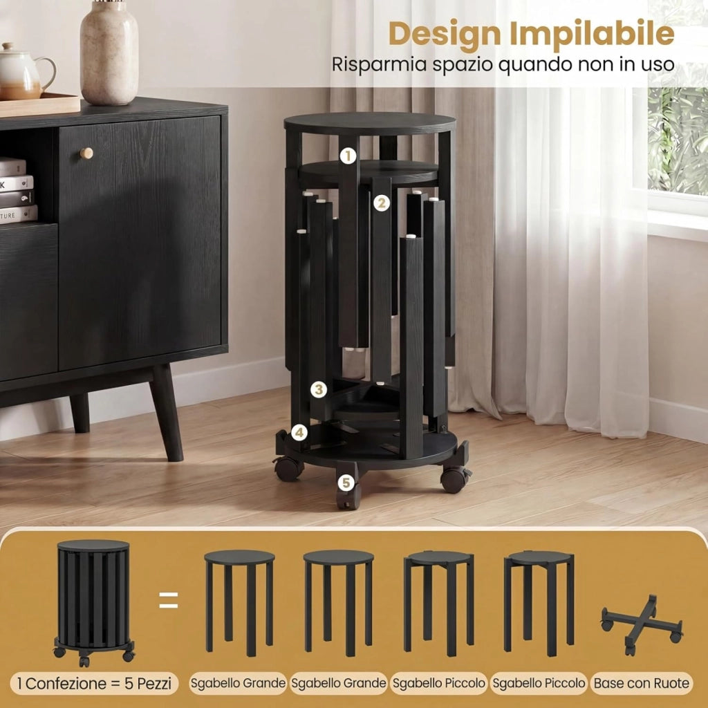 Set di 4 Sgabelli Impilabili 4 in 1, Sgabelli in Legno con Portavaso con Rotelle, 2 Grandi Ø36 cm e 2 Piccoli Ø35 cm, Tavolino Laterale Rotondo per Soggiorno e Camera da Letto (Nero)