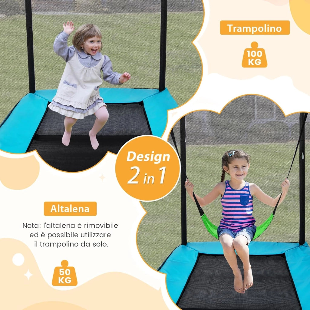 Tappeto Elastico per Bambini da Esterno ed Interno, Trampolino Rettangolare 190CM con Altalena e Rete di Sicurezza per Bambini più di 3 Anni, Portata 100kg