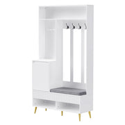 Mobile da Ingresso con 1 Anta; 2 Cassetti; Ripiani Aperti; 4 Ganci e Panchina; in MDF; 100 × 35 × 180 cm; Bianco