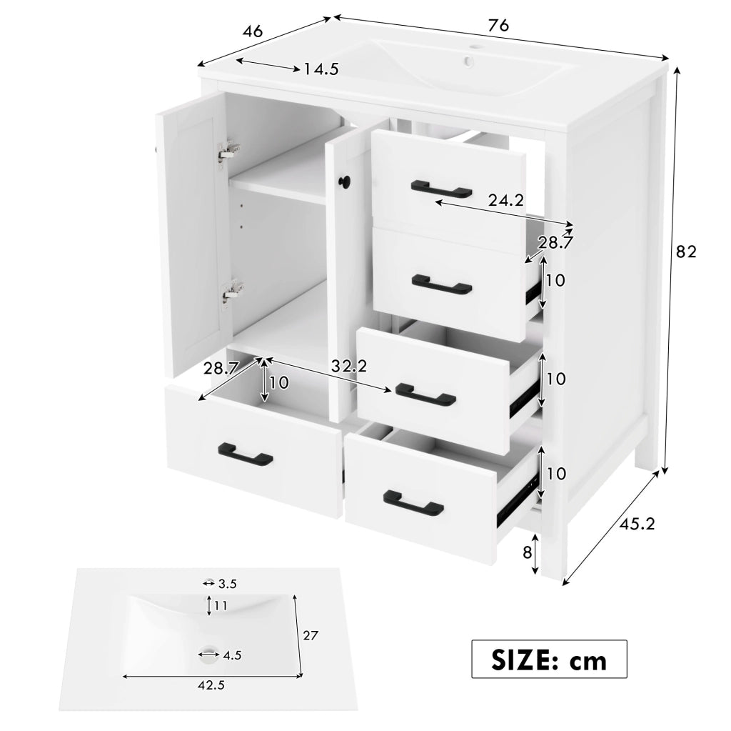 Mobile bagno freestanding 76x46x82 cm con lavabo in ceramica