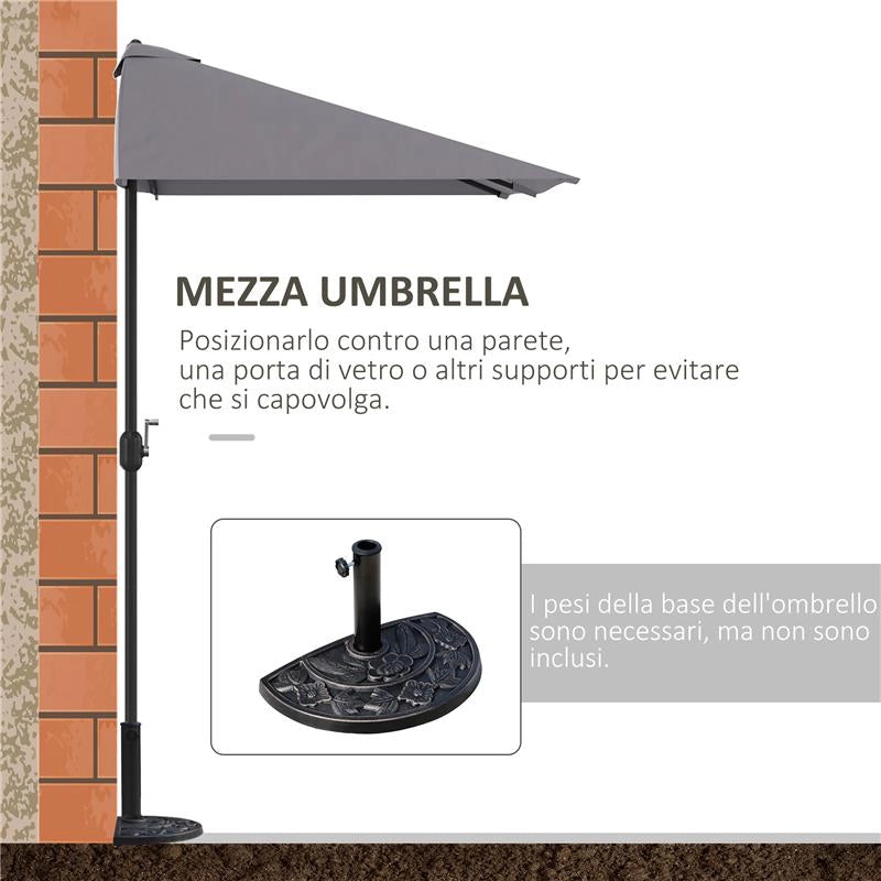 OMBRELLONE DA PARETE MEZZALUNA SALVASPAZIO CON APERTURA A MANOVELLA, GRIGIO