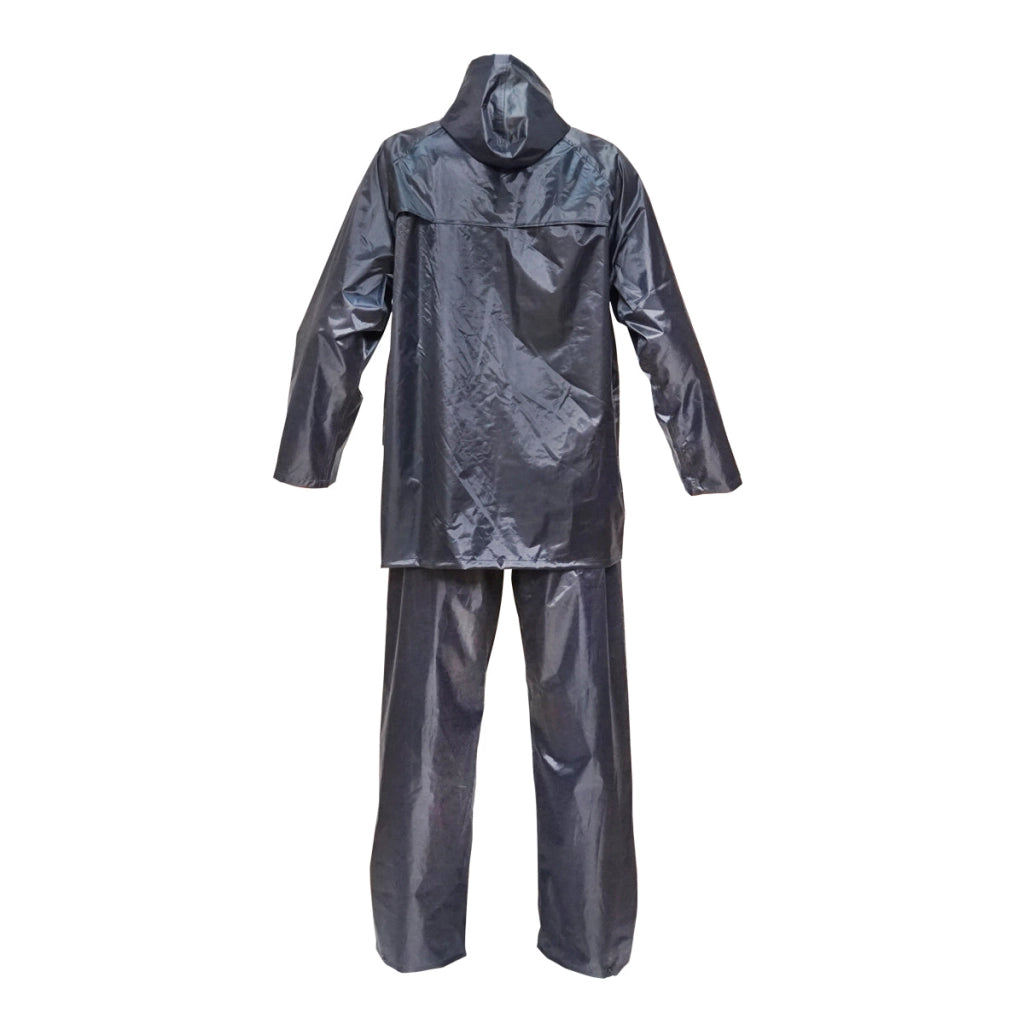 Completo impermeabile taglia XL con cappuccio e pantaloni in poliestere e PVC, blu navy Breckner Germany.