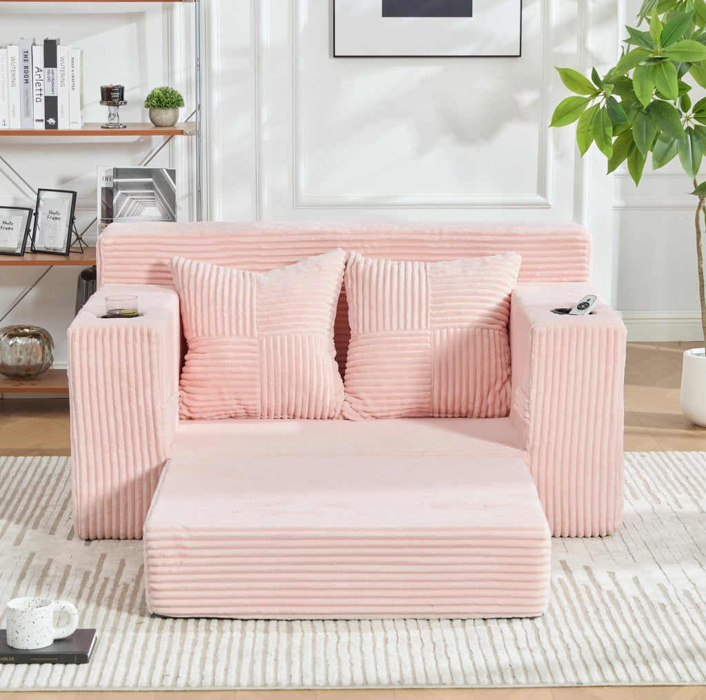 DIVANO Pouf 151x133x64 cm in Velluto a Coste Rosa con 2 Cuscini