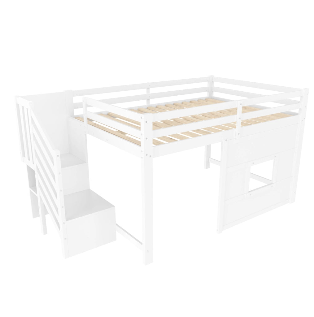 Letto a soppalco 140x200 cm con scala contenitore e LED, bianco