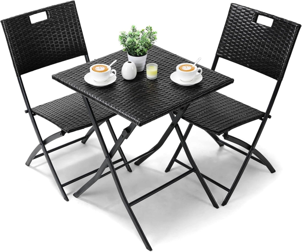 Set di Mobili da Balcone Pieghevole da 3 Pezzi, Mobili da Bistrot, Set Giardino in Rattan, 1 Tavolo e 2 Sedie, Sedia Pieghevole per Balcone, Giardino e Terrazza, Grigio