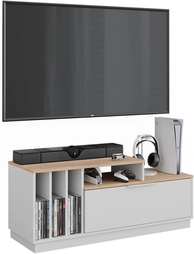 Lavagna Betti, Bianco/Sonoma, 120 x 49.9 cm con 1 porta, adatto per TV fino a 55 pollici e accessori multimediali