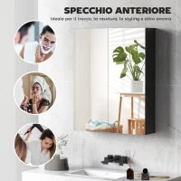 Armadietto Pensile Bagno 2 Ante con Specchiera e 2 Ripiani Interni in MDF, 60x15x75 cm, Nero