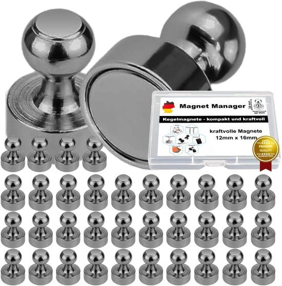 Manager di Magnet - Magnetizzatori 12 x 16 mm - Magnetizzatori premium forti in acciaio inossidabile nero - Magnetizzatori per frigorifero e lavagna bianca - Magnetizzatori a cono per lavagne magnetiche (34 pezzi)