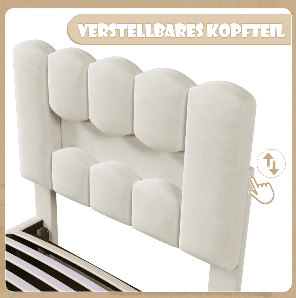 Letto imbottito 90 x 200 cm con contenitore idraulico e testiera regolabile