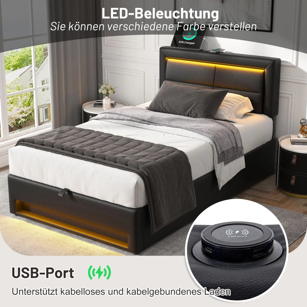 Letto singolo imbottito – 90x200 cm – USB LED contenitore – PU litchi nero