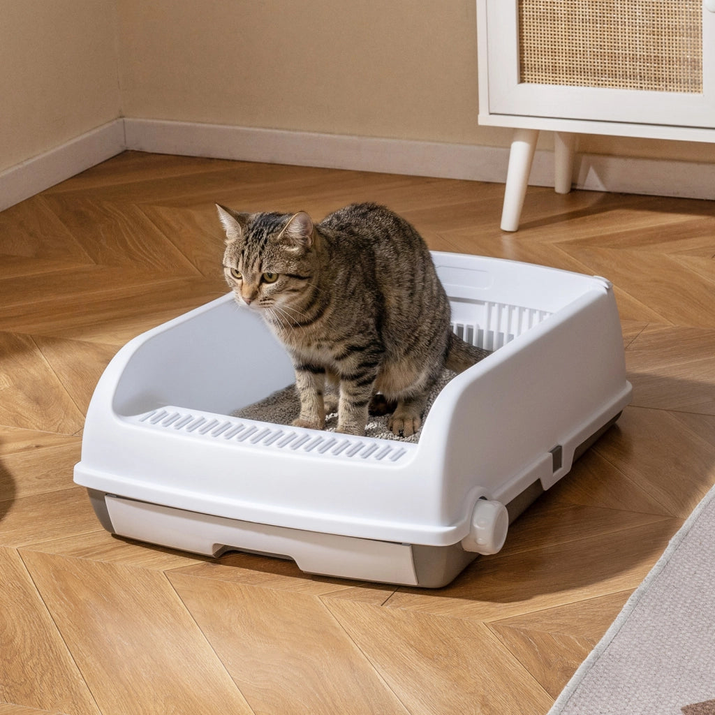 Lettiera per gatti semi-automatica tetto aperto antischizzo vassoio cassetto-Toilette per gatti paletta scorrevole pedale filtra sabbia fino a 10 kg