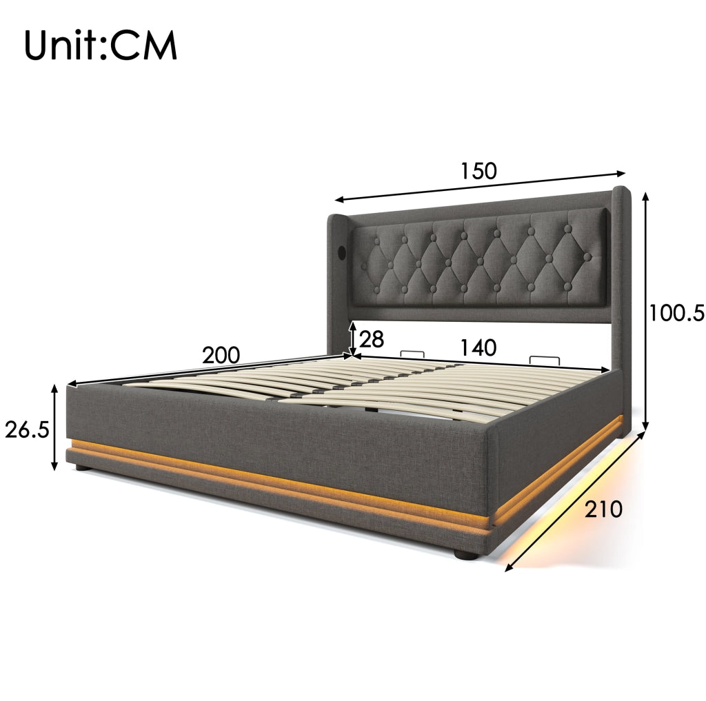 Letto matrimoniale contenitore 140x200 cm grigio con LED e USB-C