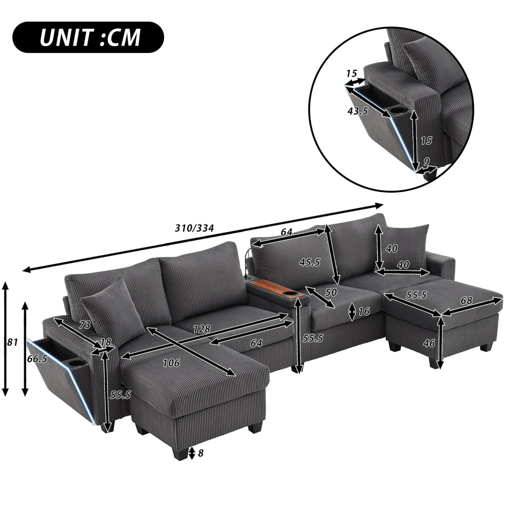 Divano a U in velluto a coste con 2 pouf contenitore; LED; USB e Type-C; grigio 334x128;5x81 cm