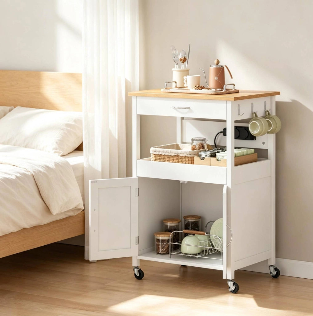 Carrello da Cucina Mobile con Ruote, Mobiletto Multiuso con Ripiani, Cassetto e Armadietto, MDF Effetto Bambù e Bianco, 60x45x92 cm