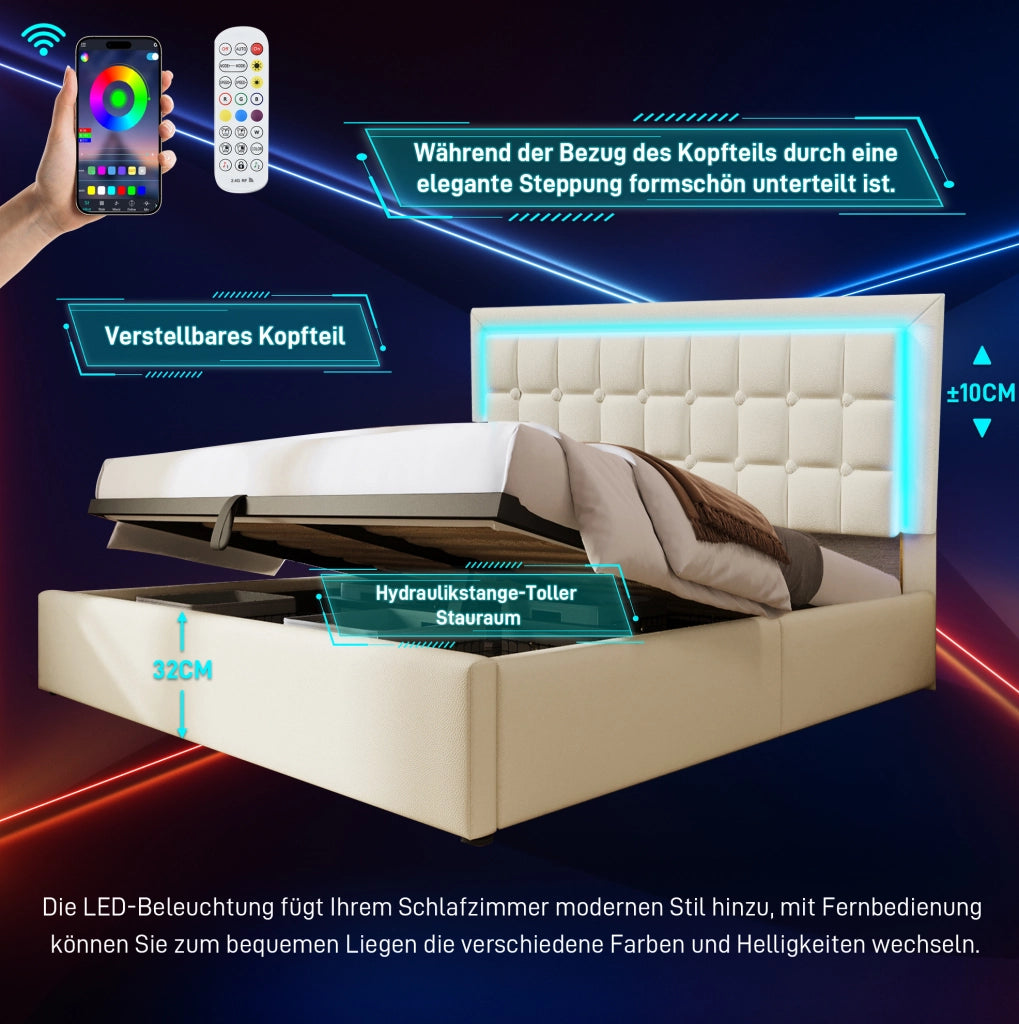 Letto matrimoniale contenitore 160 x 200 cm con LED, rete e materasso