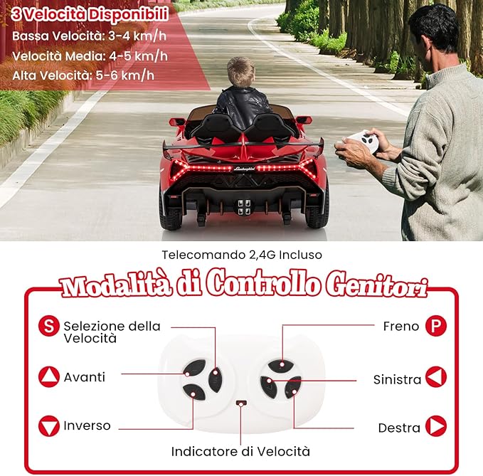 Lamborghini Macchina Elettrica per Bambini, Auto Elettrica Cavalcabile con Telecomando Luci LED, 3 Velocità, 3-6 km/h, per Bambini 3-8 Anni (Rosso)